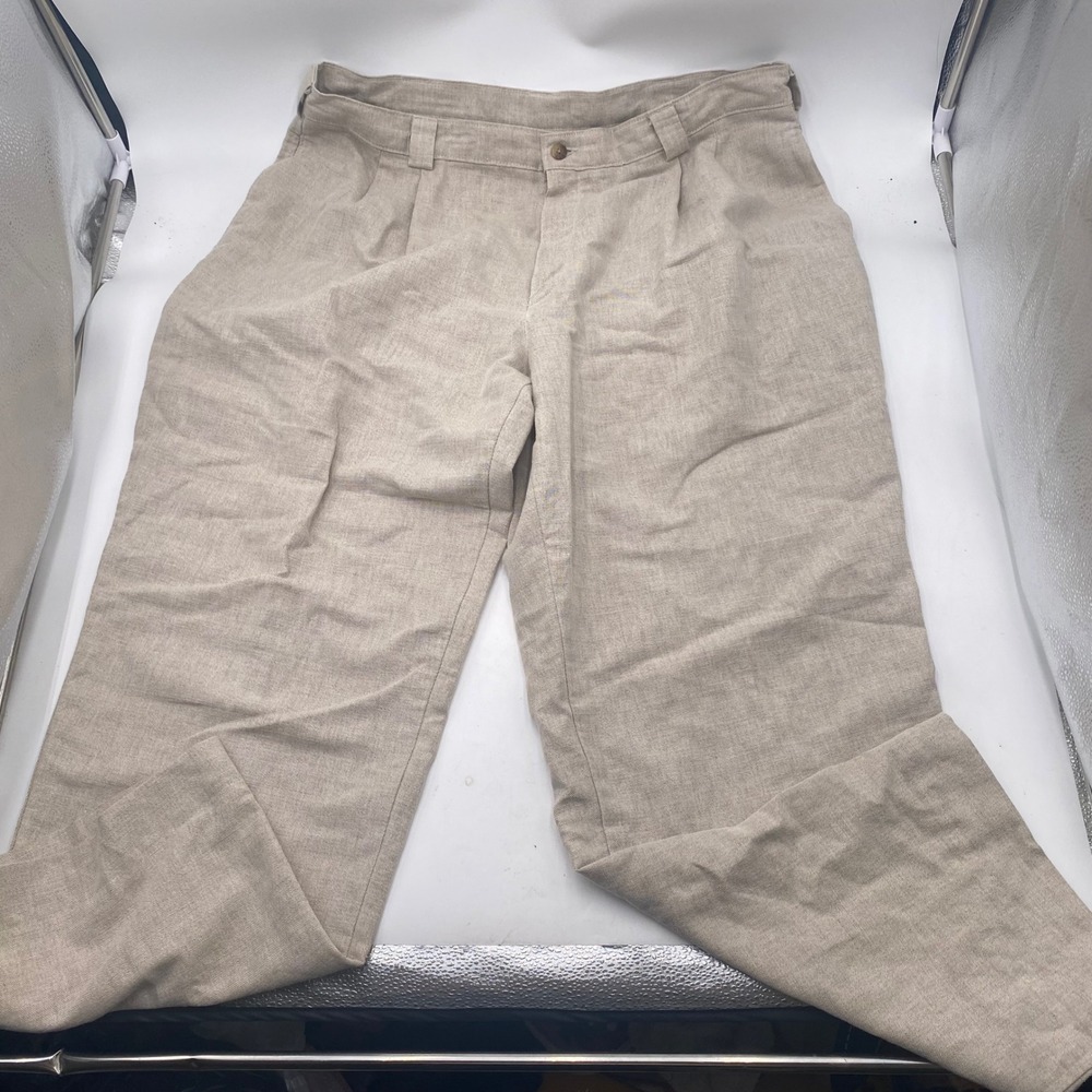 Savane Pleated Linen Blend Trousers Men 38x30 Beige Tan Cotton Casual Dress Pant